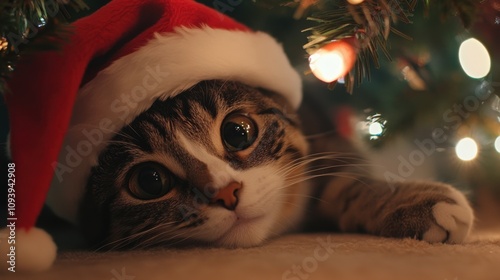 Adorable Cat in Santa Hat Under Christmas Tree with Twinkling Lights