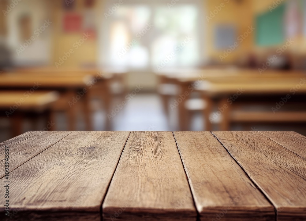 Empty wooden table in a blurred classroom setting. Empty wooden table in a blurred classroom setting.