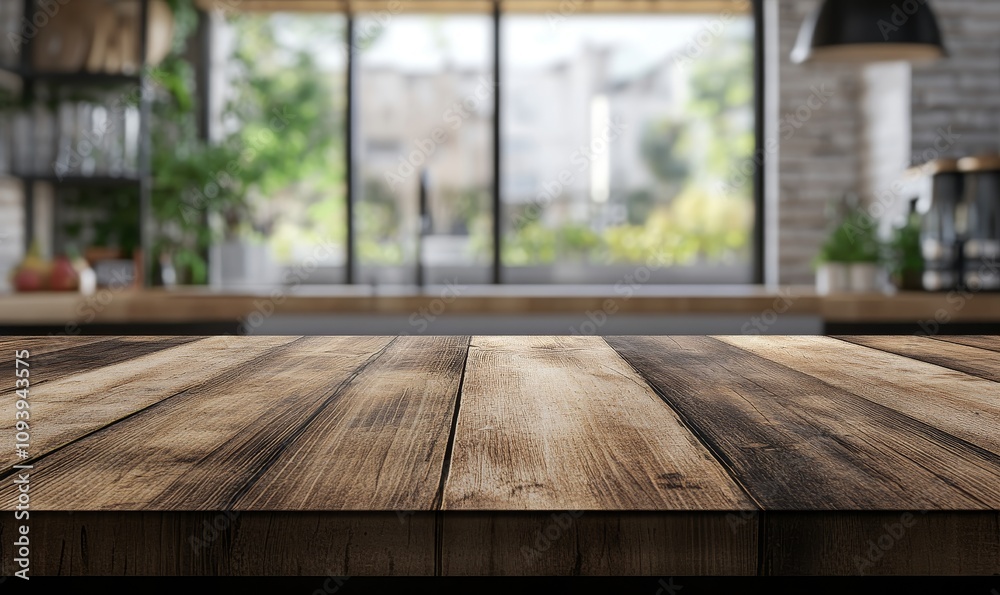Close-up of a rustic wooden table top with a blurred background of a modern kitchen. Close-up of a rustic wooden table top with a blurred background of a modern kitchen.