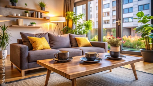 Modern Living Room with Cozy Couch and Minimalist Decor Featuring Dark Cups on Wooden Table and Soft Light Background