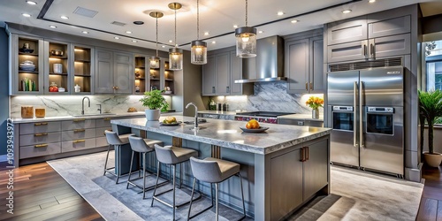 Modern Luxury Kitchen with Sleek Gray Cabinetry and Shimmering Marble Accents in a Panoramic View Showcasing Sophistication and Elegance in Home Design