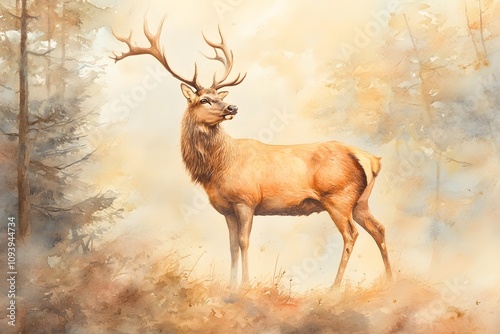 Majestic Red Deer Stands in Autumnal Woodland photo