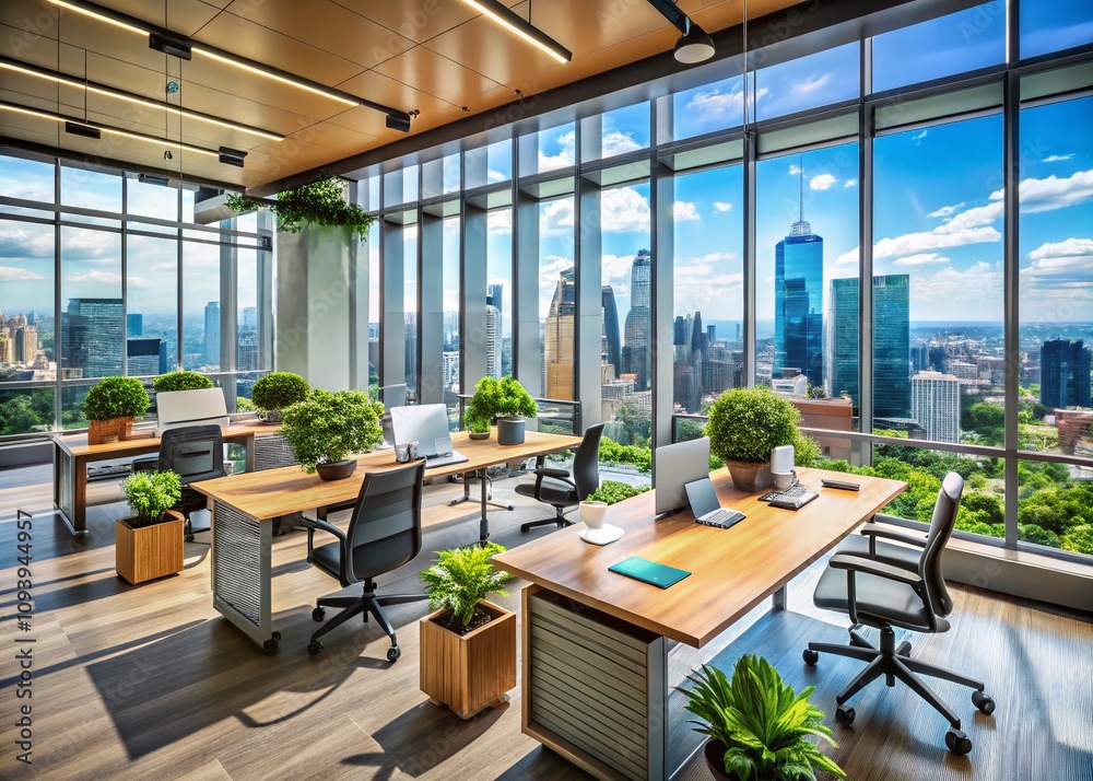 Modern Office Interior Featuring Adjustable Desks with a Stunning City View, Ideal for Productivity and Comfort in a Contemporary Workspace Design Modern Office Interior Featuring Adjustable Desks with a Stunning City View, Ideal for Productivity and Comfort in a Contemporary Workspace Design