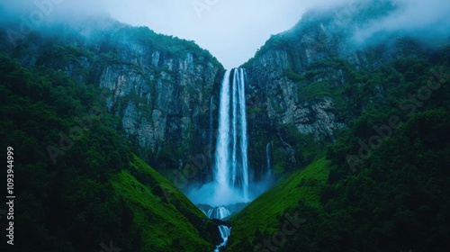 Wallpaper Mural Majestic Waterfall Cascading Down Lush Green Mountains in a Misty Landscape Surrounded by Enchanting Forest and Natural Wonders Torontodigital.ca