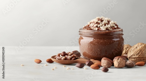 Nut Butter Jar Mockup with Nuts and Wooden Spoon on Neutral Background