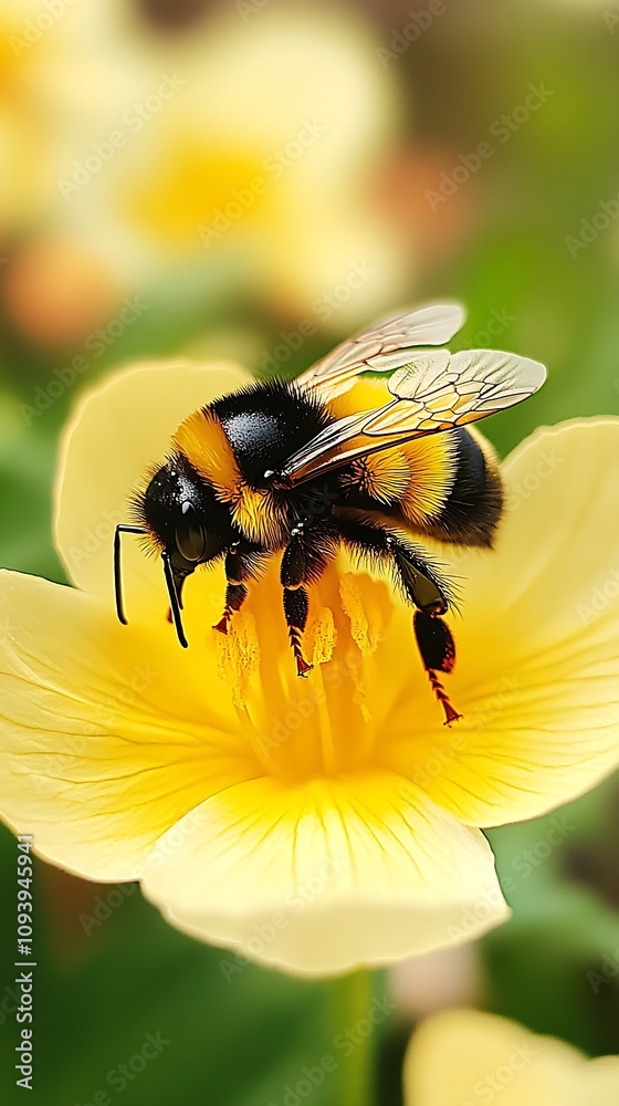 Close-Up of Bumblebee on Yellow Flower Pollinating in Vibrant Nature Setting : Generative AI Close-Up of Bumblebee on Yellow Flower Pollinating in Vibrant Nature Setting : Generative AI