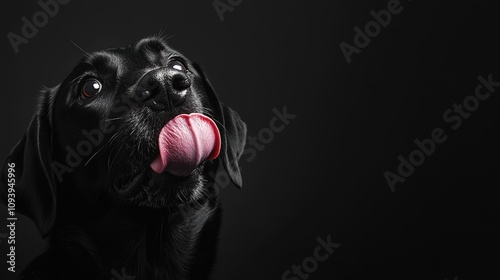 Black Labrador dog licking its nose against a dark background.