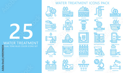 Water treatment dual tone color icons set. contain analysis, aquifer, corrosion, filter, drain and more. Vector EPS 10 for print, digital UI, UX kit, web and app for industry, ecology and environment