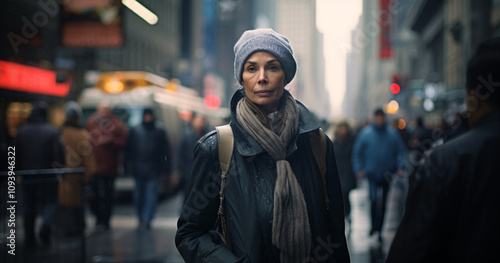 Urban woman in scarf and hat navigates busy city streets during winter season with blurred crowd in the background