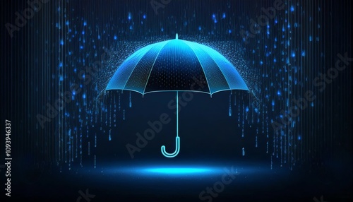 A glowing blue umbrella surrounded by shimmering raindrops against a dark background, creating a mystical and serene atmosphere.