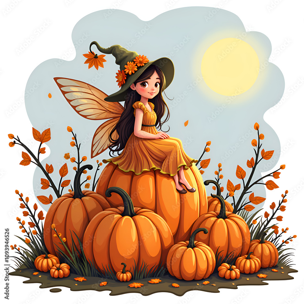 Whimsical fairy sitting on a pumpkin surrounded by autumn leaves and sunlight, digital art of fantasy concept. Whimsical fairy sitting on a pumpkin surrounded by autumn leaves and sunlight, digital art of fantasy concept.