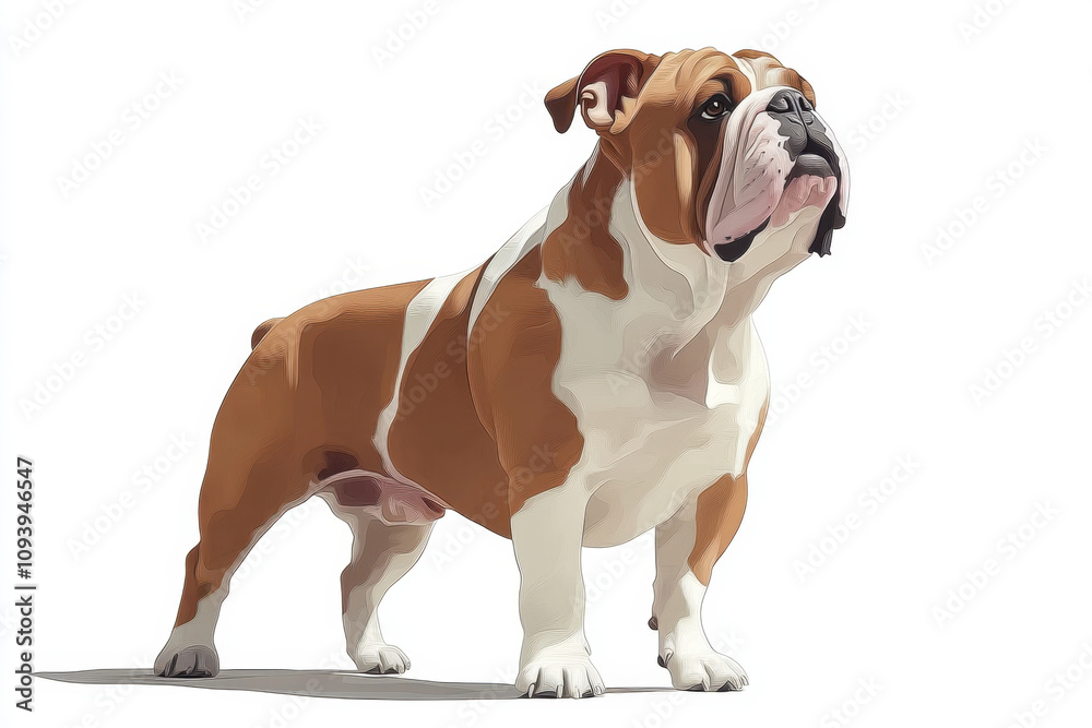 English Bulldog. A proud bulldog stands with a strong posture, showcasing its muscular build and distinctive coat patterns. English Bulldog. A proud bulldog stands with a strong posture, showcasing its muscular build and distinctive coat patterns.