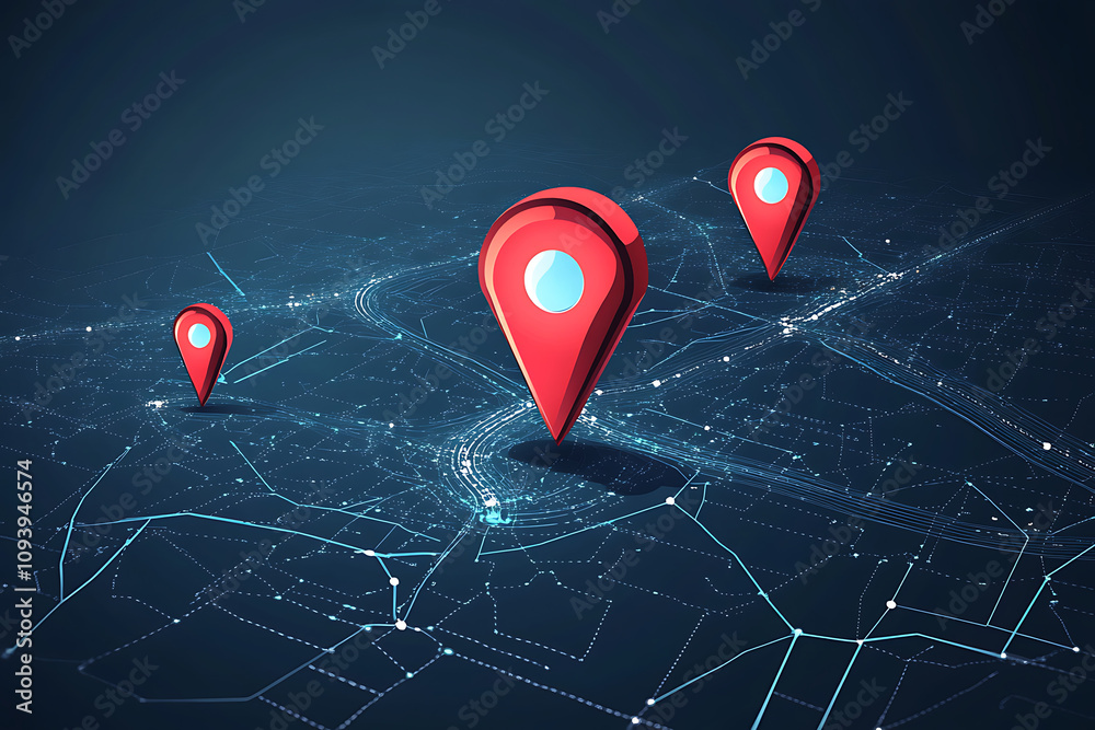 A digital representation of location markers on a networked map. A digital representation of location markers on a networked map.
