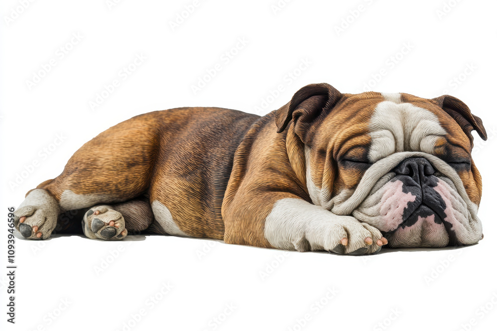 English Bulldog. A peaceful bulldog lies comfortably, showcasing its distinctive wrinkled face and relaxed posture against a clean white background. English Bulldog. A peaceful bulldog lies comfortably, showcasing its distinctive wrinkled face and relaxed posture against a clean white background.