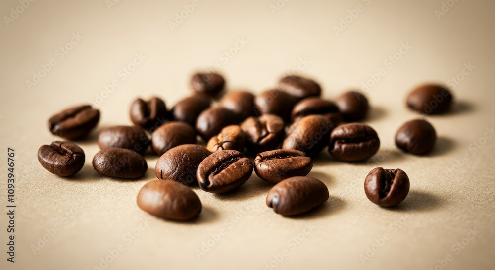 A handful of coffee beans scattered across a pale beige backdrop A handful of coffee beans scattered across a pale beige backdrop