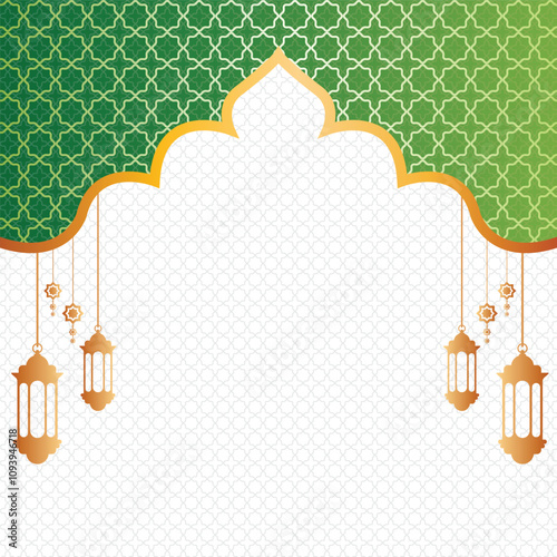 luxury white Golden and Green colorful pattern eid mubarak ramadan or ramadhan islamic background banner frame. Translation: 