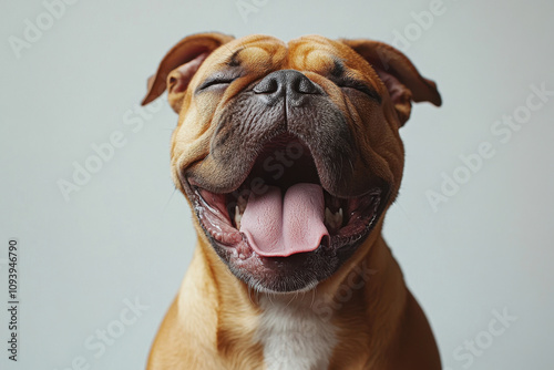 English Bulldog. A joyful dog with a wide grin, showcasing its playful personality and happiness against a neutral background. photo