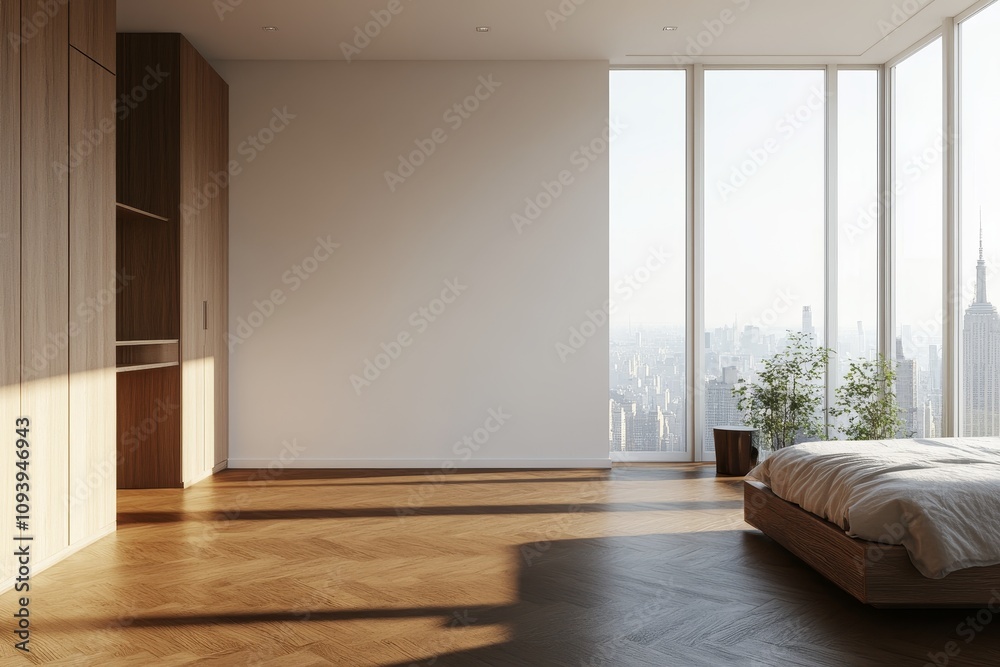 Fototapeta premium A minimalist bedroom with a large window overlooking a city skyline. Sunlight streams through the window, illuminating the room.
