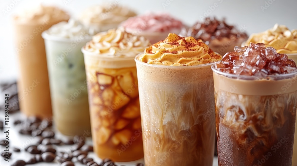 Assorted iced coffee drinks with whipped cream and coffee beans. Assorted iced coffee drinks with whipped cream and coffee beans.
