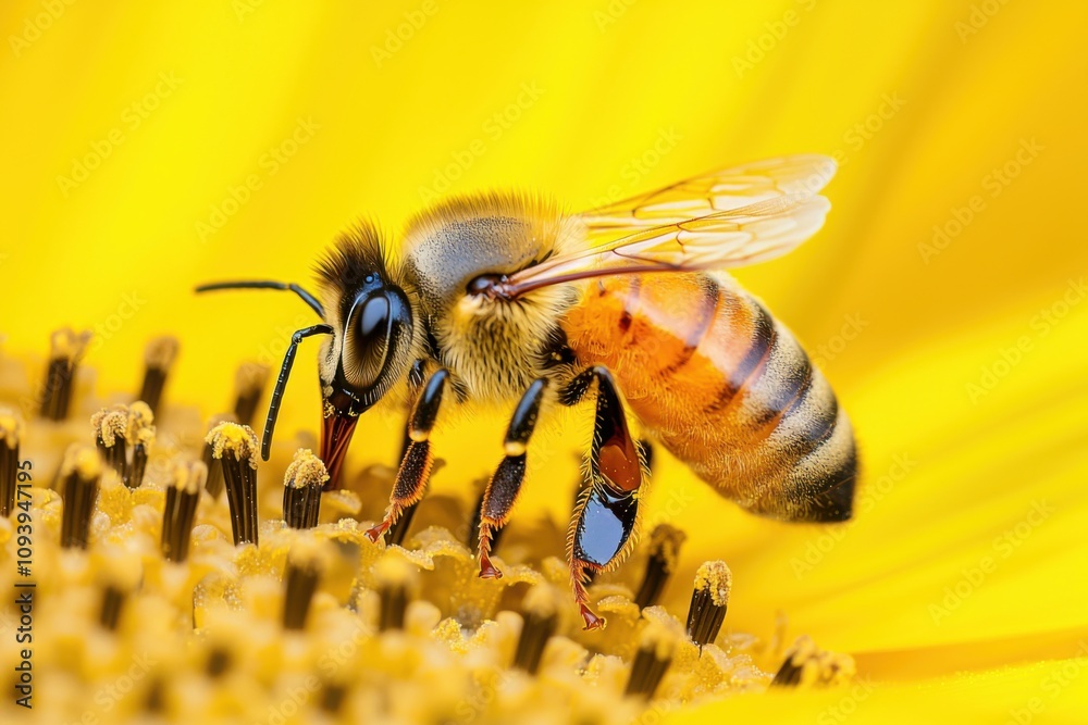 Close-Up of a Honey Bee Pollinating a Vibrant Yellow Sunflower Petal in a Garden Setting, Capturing Nature's Beauty and the Essential Role of Insects in Ecosystems Close-Up of a Honey Bee Pollinating a Vibrant Yellow Sunflower Petal in a Garden Setting, Capturing Nature's Beauty and the Essential Role of Insects in Ecosystems