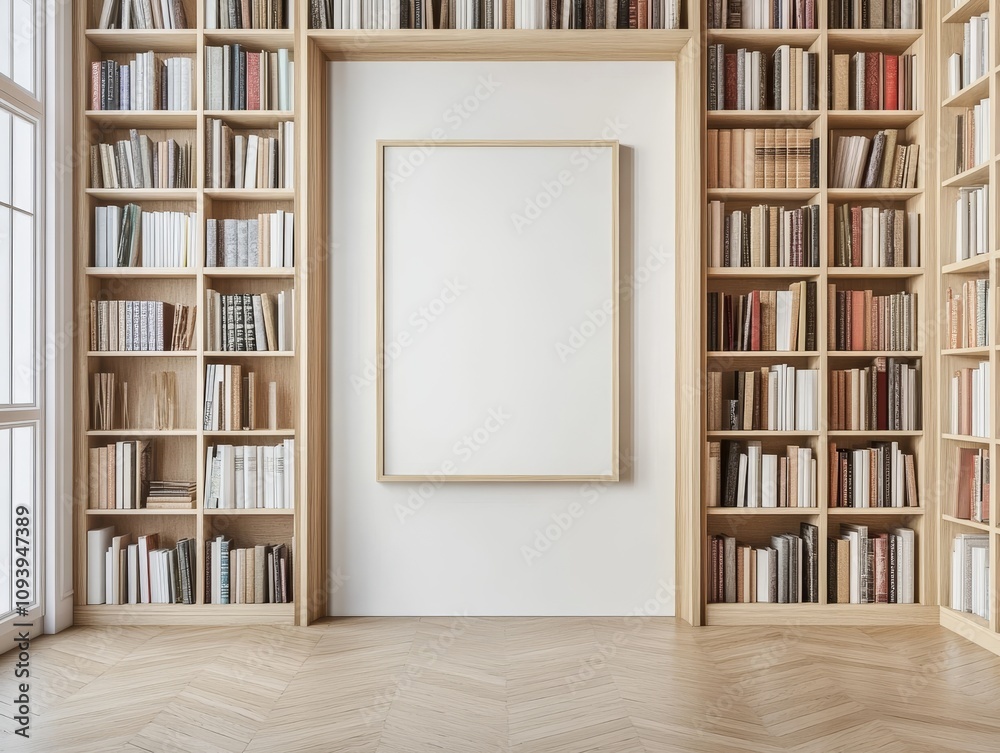 Fototapeta premium A large blank canvas mockup hangs between two full bookshelves in a light and airy room with hardwood floors.