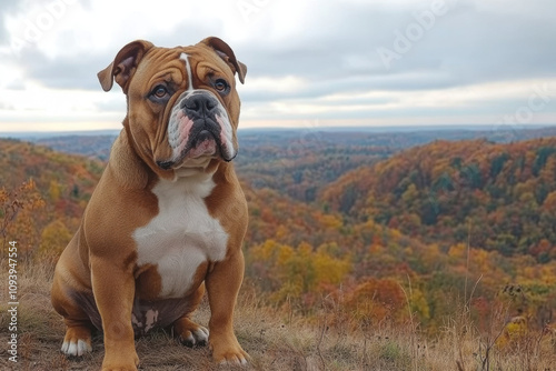 English Bulldog. A majestic bulldog sits proudly on a hilltop, overlooking a colorful autumn landscape filled with vibrant trees and rolling hills.