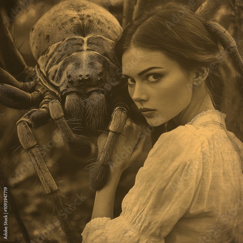 A young woman stands with a giant spider behind her, looking directly at the camera. photo