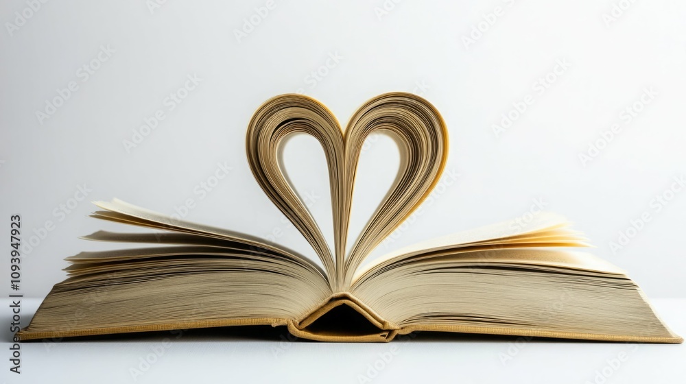Open book forming a heart shape with its pages. A symbol of love for reading.