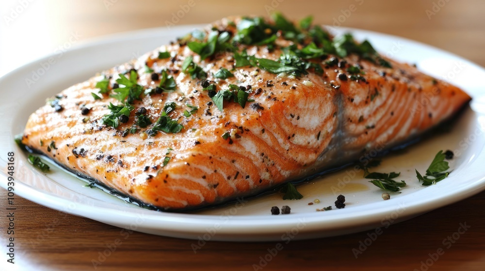 Baked salmon fillet with herbs and peppercorns on a white plate. Baked salmon fillet with herbs and peppercorns on a white plate.