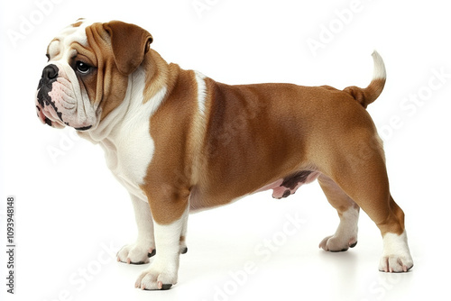 English Bulldog. A side view of a muscular, short-haired bulldog with a distinctive wrinkled face and a brown and white coat.