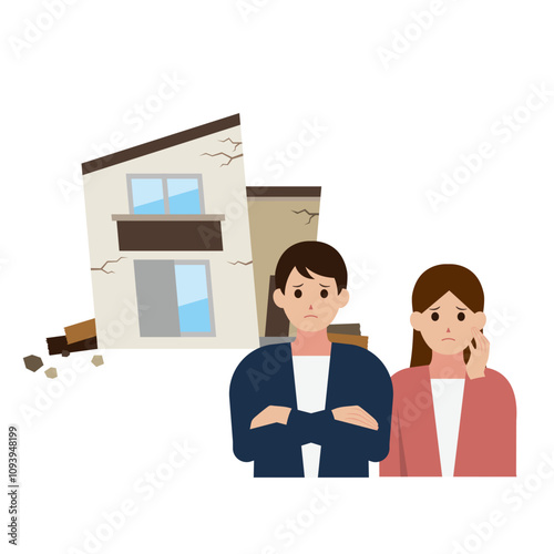 ボロボロの一軒家に悩む男女のイラスト