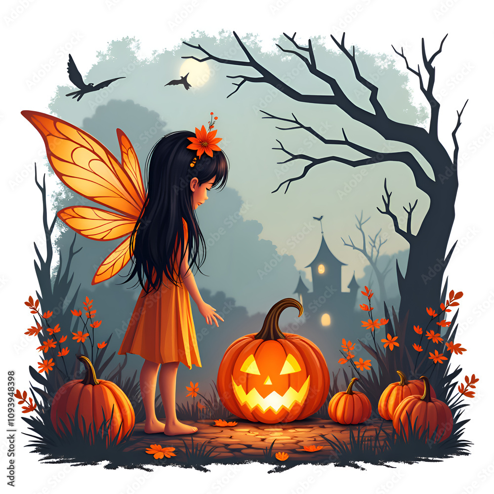Enchanting autumn fairy with a jack o lantern at dusk in a spooky forest setting, digital illustration of fantasy art concept. Enchanting autumn fairy with a jack o lantern at dusk in a spooky forest setting, digital illustration of fantasy art concept.