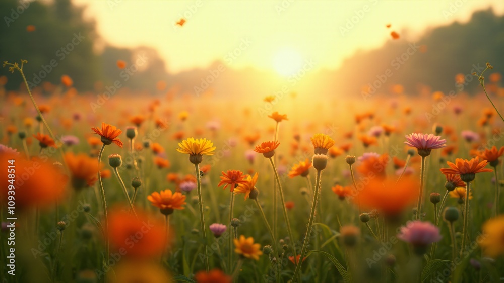 Fototapeta premium A serene field of vibrant wildflowers glowing under the golden light of sunrise, creating a tranquil and picturesque scene, ideal for nature and seasonal themes.
