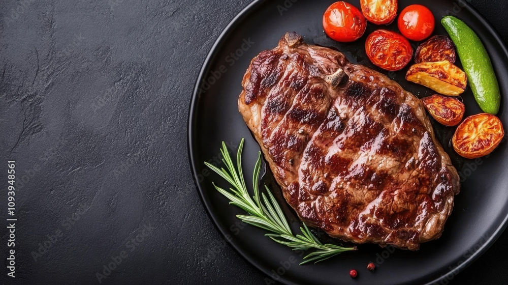 A beautifully grilled steak served on a black plate with roasted tomatoes, peppers, and garnished with rosemary.