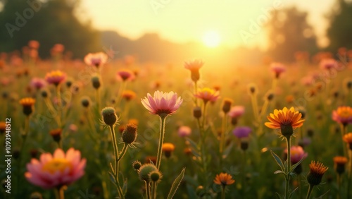 A serene field of vibrant wildflowers glowing under the golden light of sunrise, creating a tranquil and picturesque scene, ideal for nature and seasonal themes.