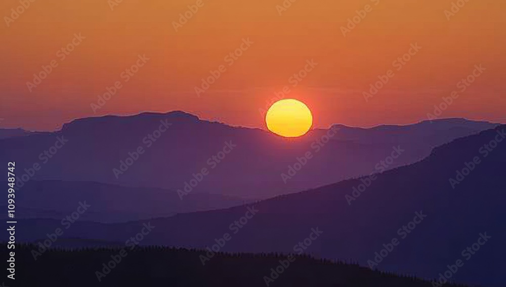 Fototapeta premium Serene Sunset Over Mountains with Glowing Sun and Vibrant Sky