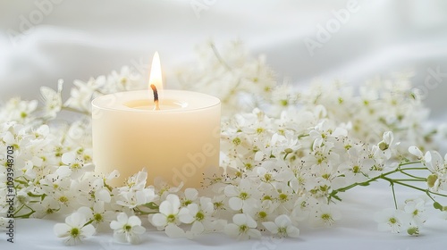 Lit candle surrounded by white blossoms on a white background.