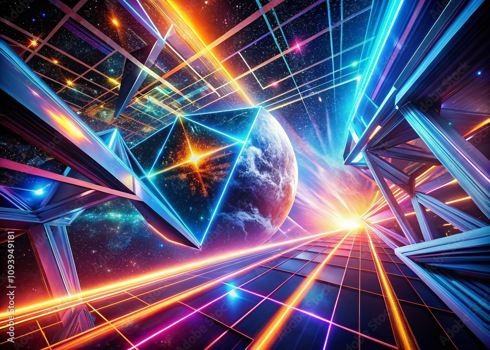 Neon Glowing Lines and Shapes in Space: A Double Exposure Photography of Geometric Sci-Fi Structures Creating an Abstract Modern Background with Vibrant Colors and Dynamic Movement Neon Glowing Lines and Shapes in Space: A Double Exposure Photography of Geometric Sci-Fi Structures Creating an Abstract Modern Background with Vibrant Colors and Dynamic Movement