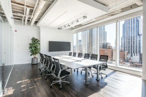 Modern conference room with large windows overlooking a city skyline, with a long table, chairs, a plant, and a blank screen.