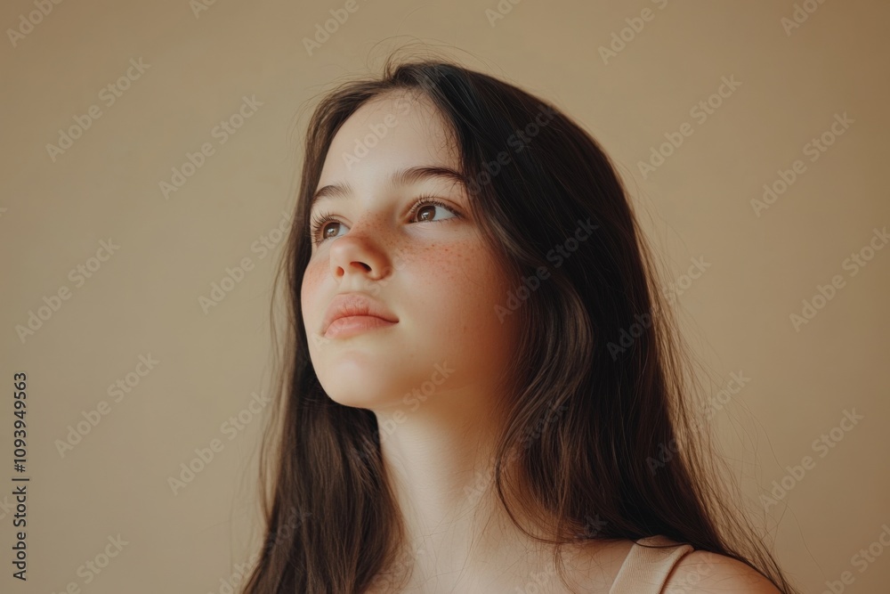 a thoughtful young person gazing into the distance with a serene expression a thoughtful young person gazing into the distance with a serene expression