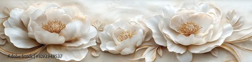 3D abstract painting of three large white peonies with gold accents on an elegant background