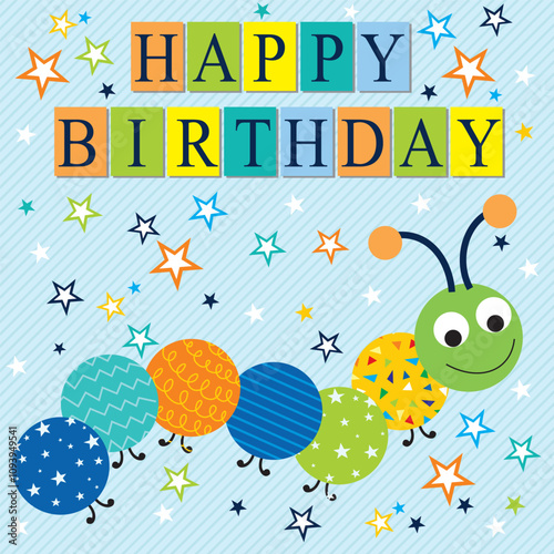 Photography Happy birthday card design with worm, balloons and stars