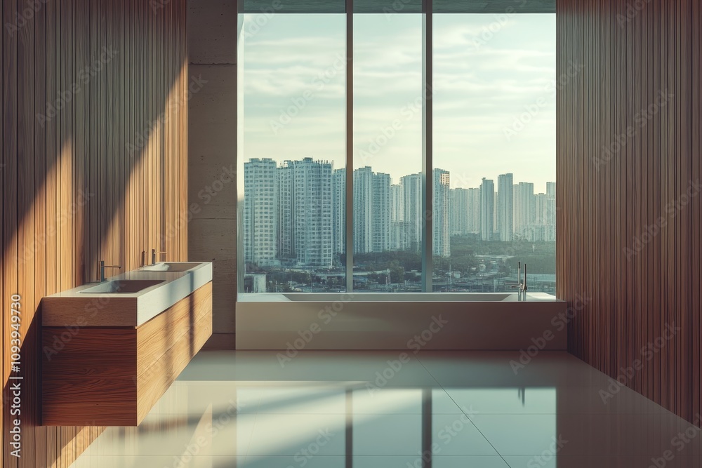 Fototapeta premium Modern bathroom interior with large window overlooking cityscape.