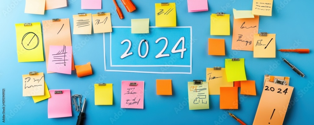 A vibrant collection of sticky notes and pens arranged around the year 2024, showcasing ideas, reminders, and review for the past year. 3D illustration A vibrant collection of sticky notes and pens arranged around the year 2024, showcasing ideas, reminders, and review for the past year. 3D illustration