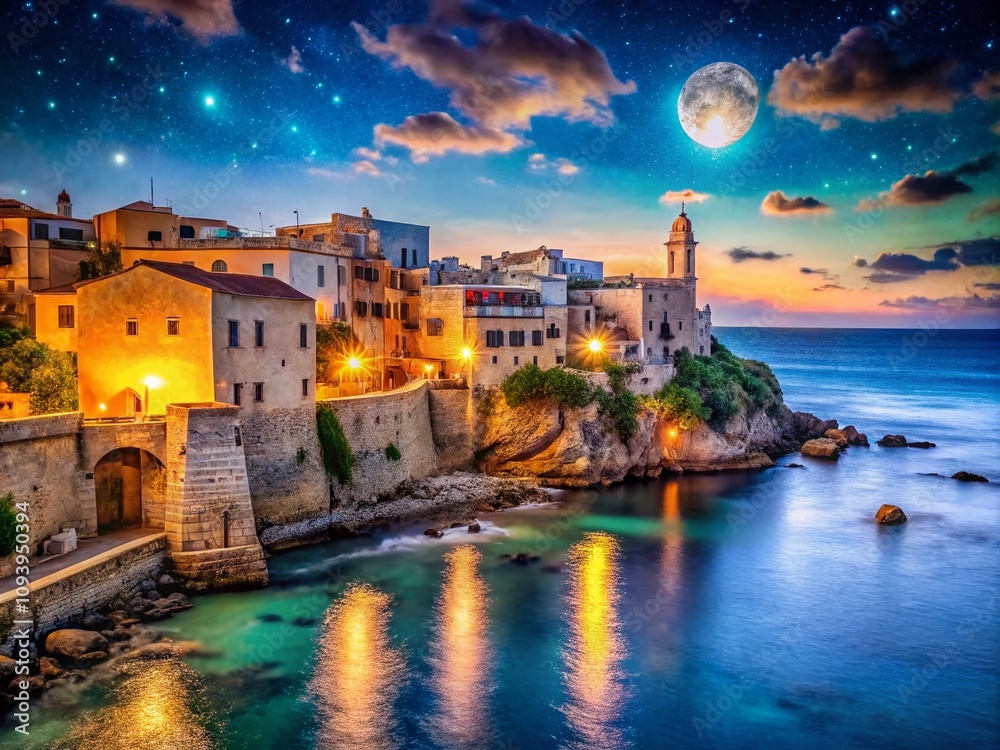 Night Photography of a Classical Mediterranean Construction with Starry Sky and Moonlight Reflecting on Ancient Stone Architecture and Vibrant Coastal Views Night Photography of a Classical Mediterranean Construction with Starry Sky and Moonlight Reflecting on Ancient Stone Architecture and Vibrant Coastal Views