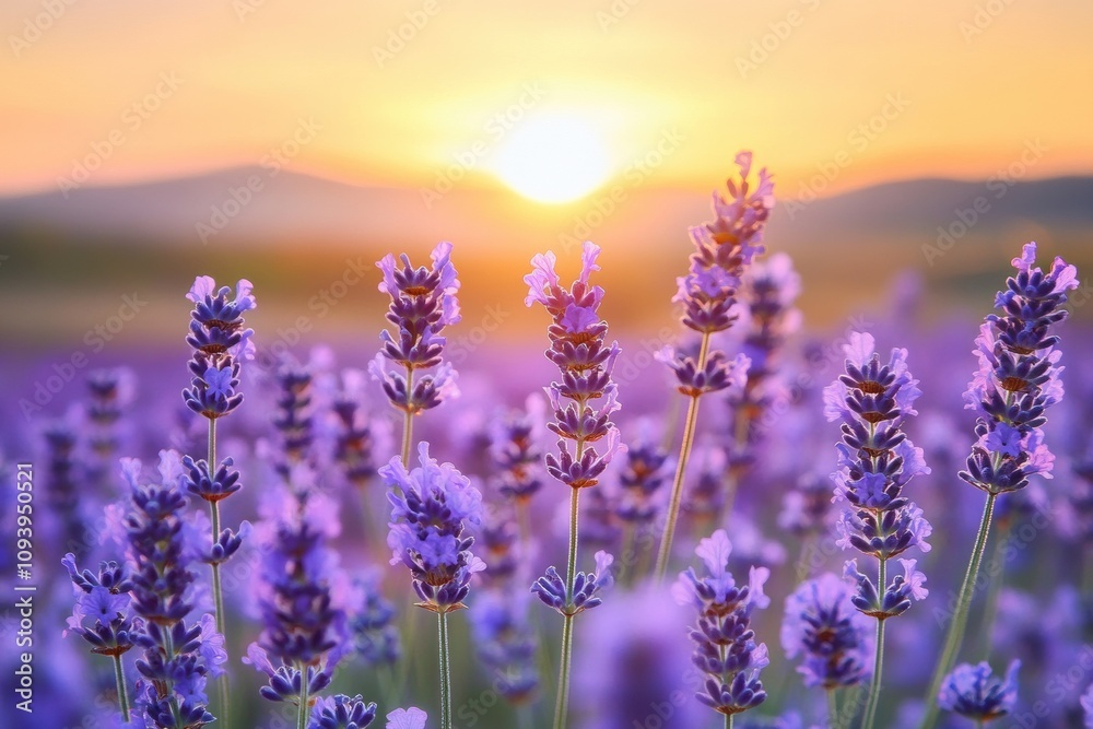 Fototapeta premium Lavender Field at Sunset with Vibrant Purple Flowers and Warm Sky