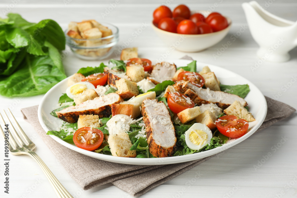 Tasty Caesar salad with chicken and tomatoes on white wooden table Tasty Caesar salad with chicken and tomatoes on white wooden table