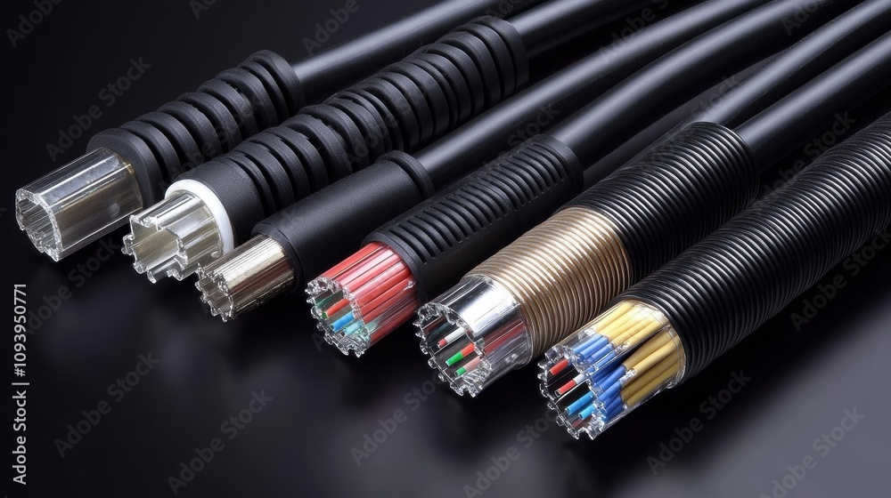Black Cables with Colorful Internal Wiring Against Dark Gradient Background Black Cables with Colorful Internal Wiring Against Dark Gradient Background