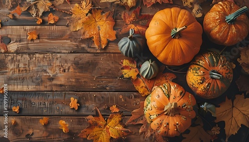 rustic autumn table with pumpkins and leaves photo