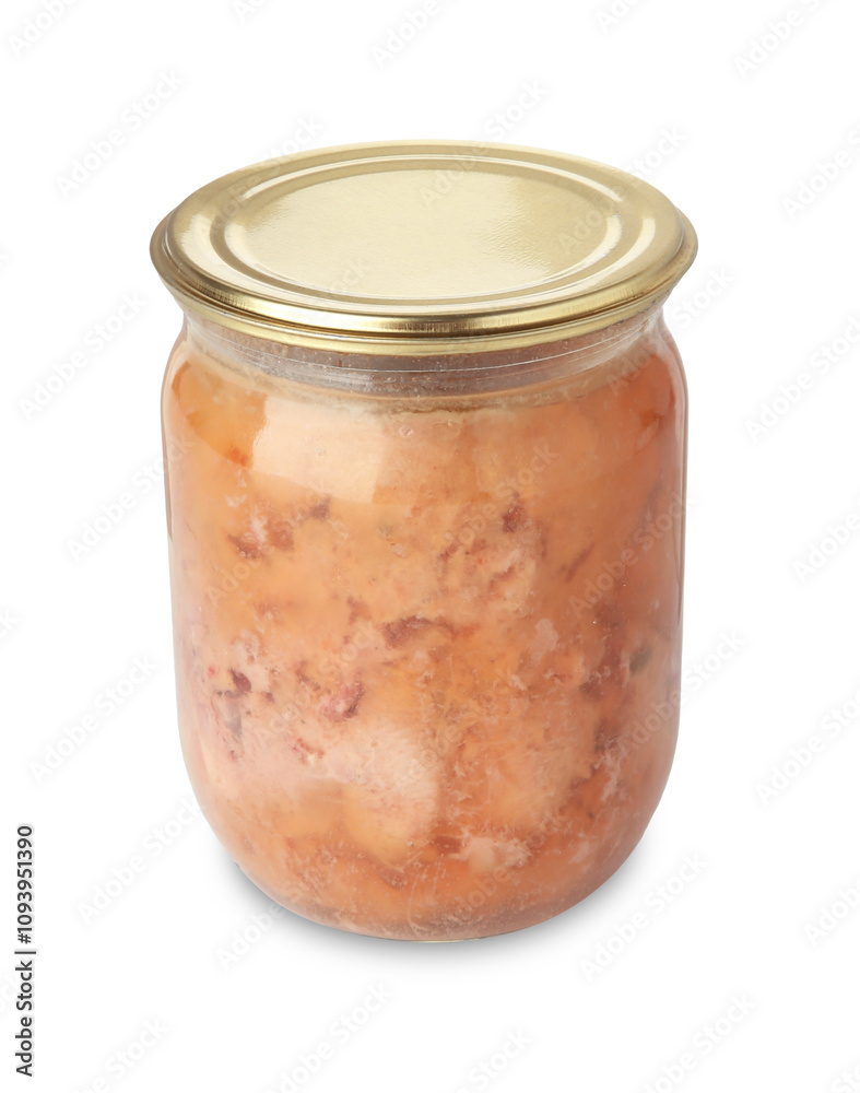 Canned meat in glass jar isolated on white Canned meat in glass jar isolated on white